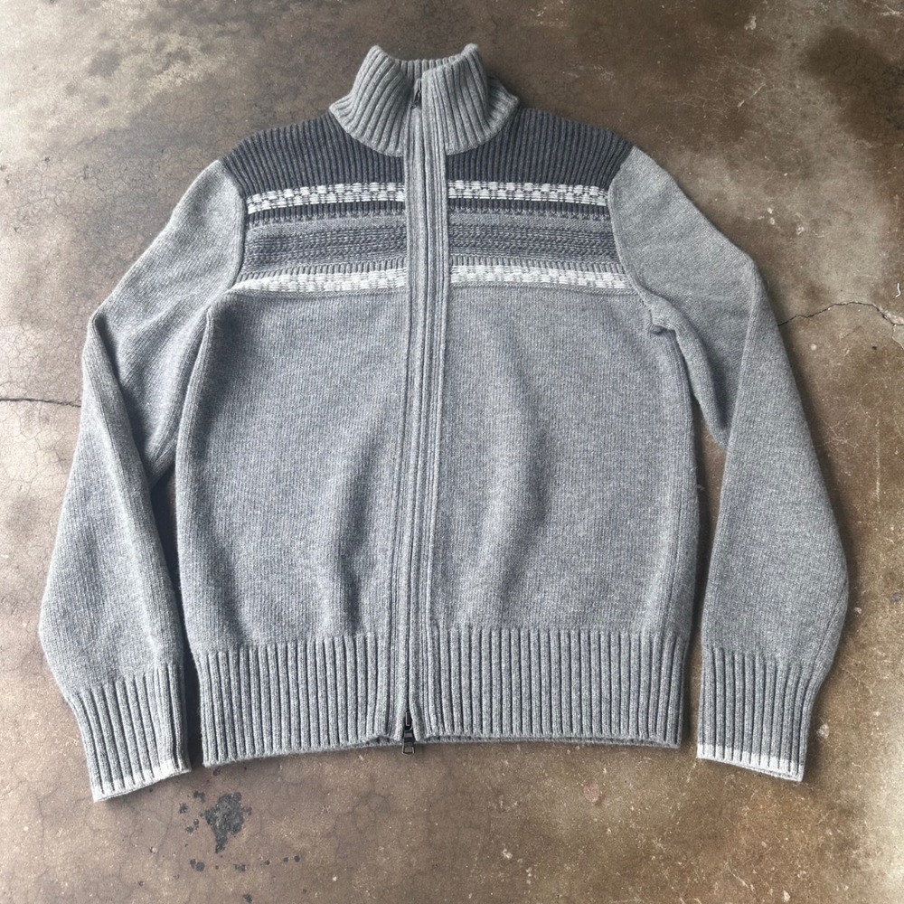 Banana Republic Full Zip Sweater Mens M Grey Excellent Merino Wool Fair Isle